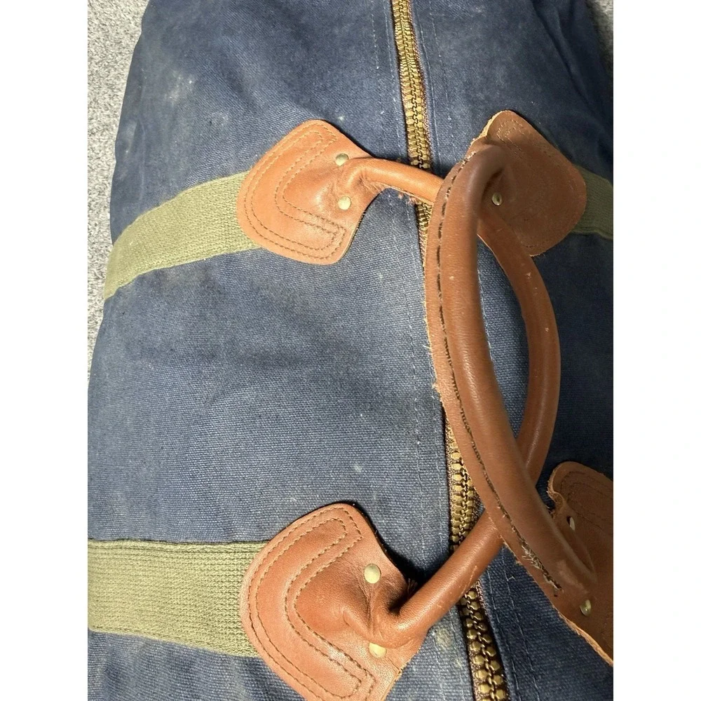 LL Bean Vintage 80s‎ Blue Green Leather Handle Duffel Bag Zip Top Freeport Maine